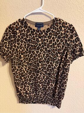 Lands' End Leopard Print Short Sleeve Sweater 100% Supima Cotton